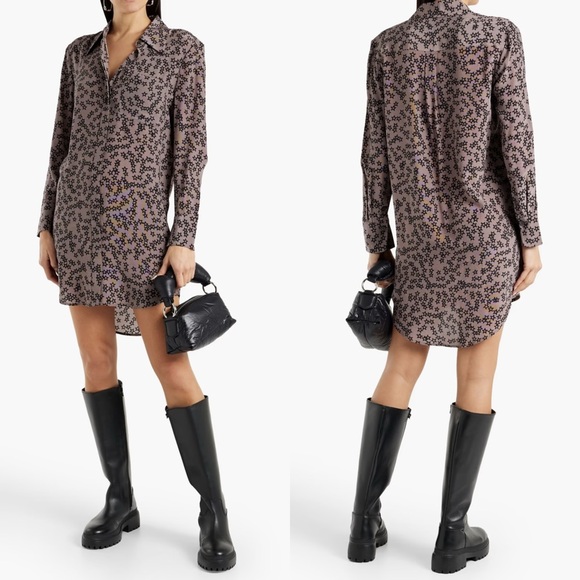 Equipment Taupe Silk Star Print Mini Shirt Dress Size S Long Sleeve Button Up - Picture 1 of 10
